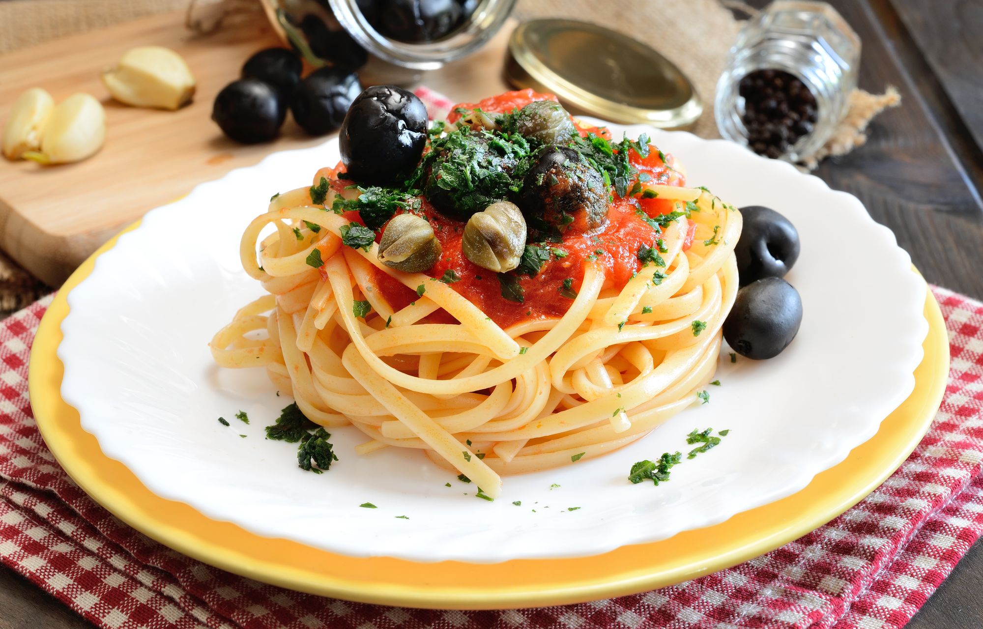 Spaghetti with Tahini, Capers and Olives