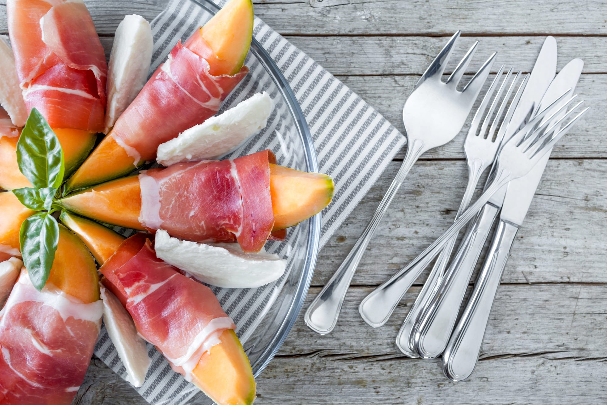 Prosciutto-Wrapped Cheese with Melon Salad